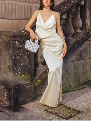 Beige satijnen jurk lang Beige / XS