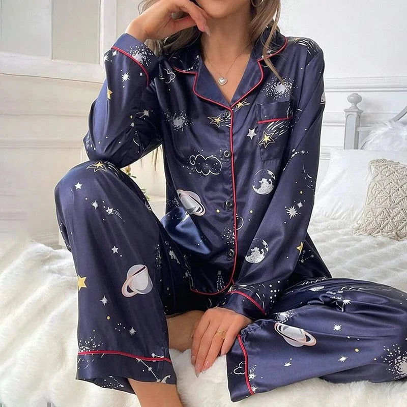 Blauwe satijnen pyjama Donkerblauw / S
