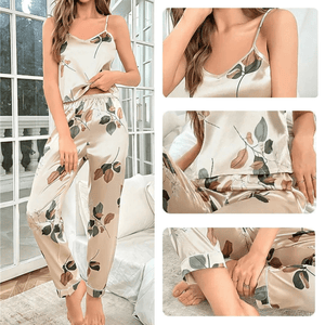 Champagnekleurige satijnen pyjama dames met bladerenprint