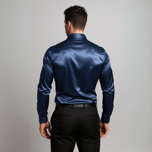 Donkerblauw satijnen heren overhemd