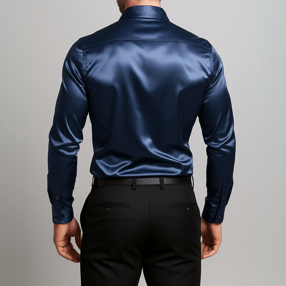 Donkerblauw satijnen heren overhemd