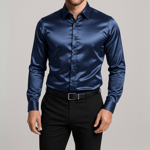 Donkerblauw satijnen heren overhemd