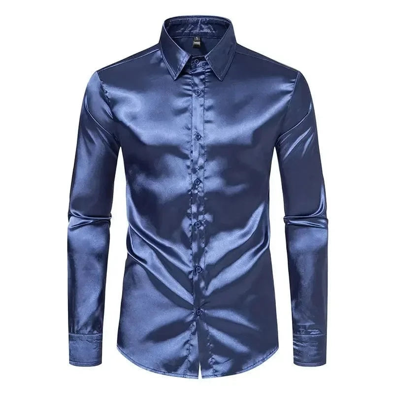 Donkerblauw satijnen heren overhemd Donkerblauw / S