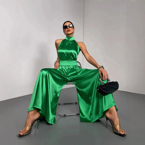 Groene satijnen jumpsuit
