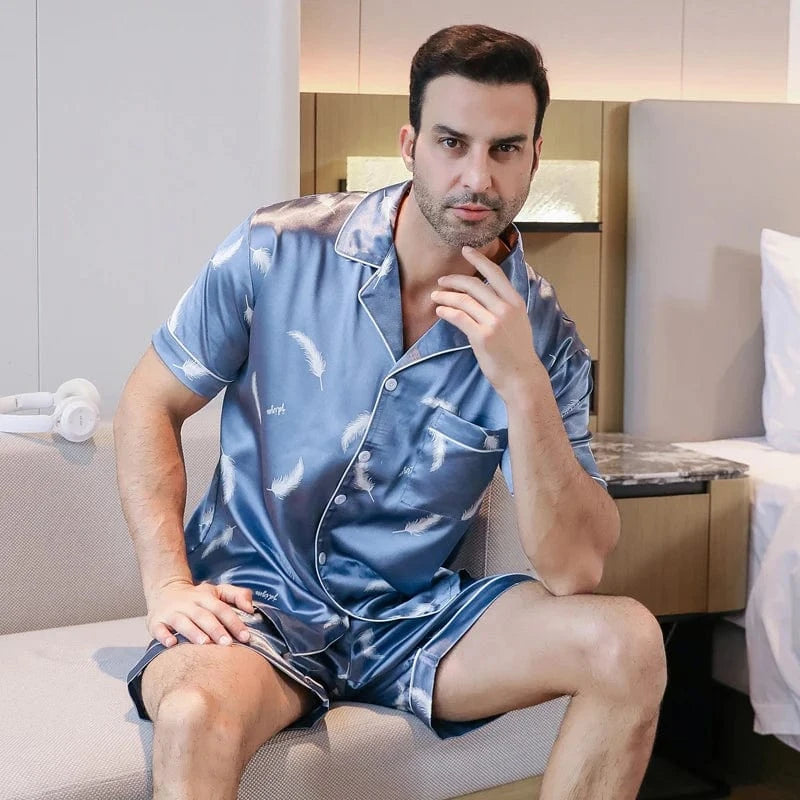 Heren blauw satijnen shortama met veerprint Blauw / M