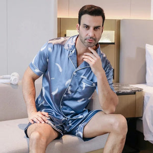 Heren blauw satijnen shortama met veerprint Blauw / M