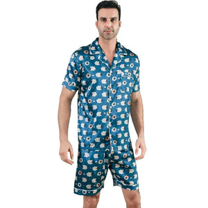 Heren blauwe satijnen shortama met witte schaapprint