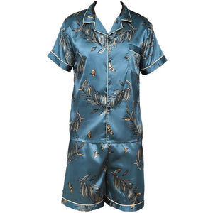 Heren blauwgroene satijnen shortama met bladmotief