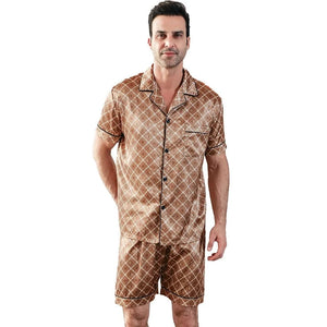 Heren bruine satijnen shortama met ruitprint