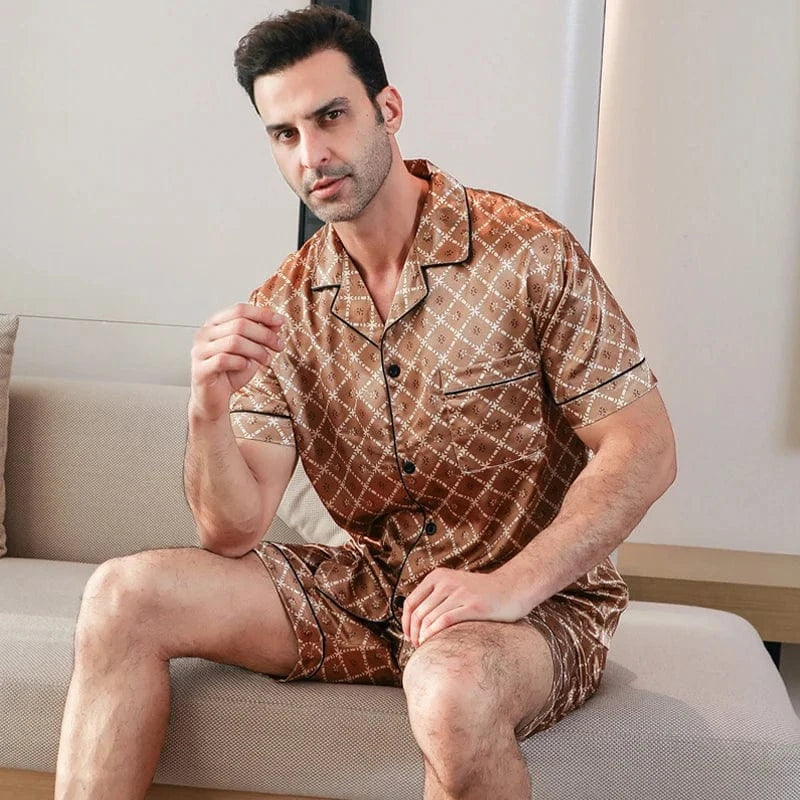 Heren bruine satijnen shortama met ruitprint Bruine / M