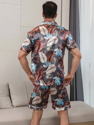 Heren satijnen shortama met bruine en blauwgroene bladerenprint