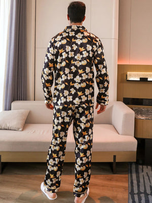 Heren zwarte satijnen pyjama met gele bloesemprint