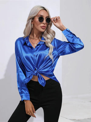 Kobalt blauwe satijnen blouse