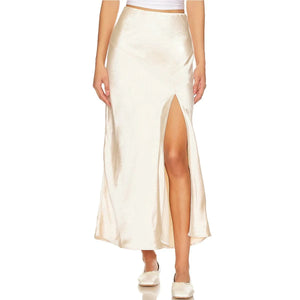 Lange satijnen rok met split Beige / S