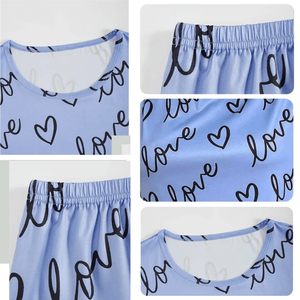 Lichtblauwe satijnen shortama dames met hartjes en 'love' print