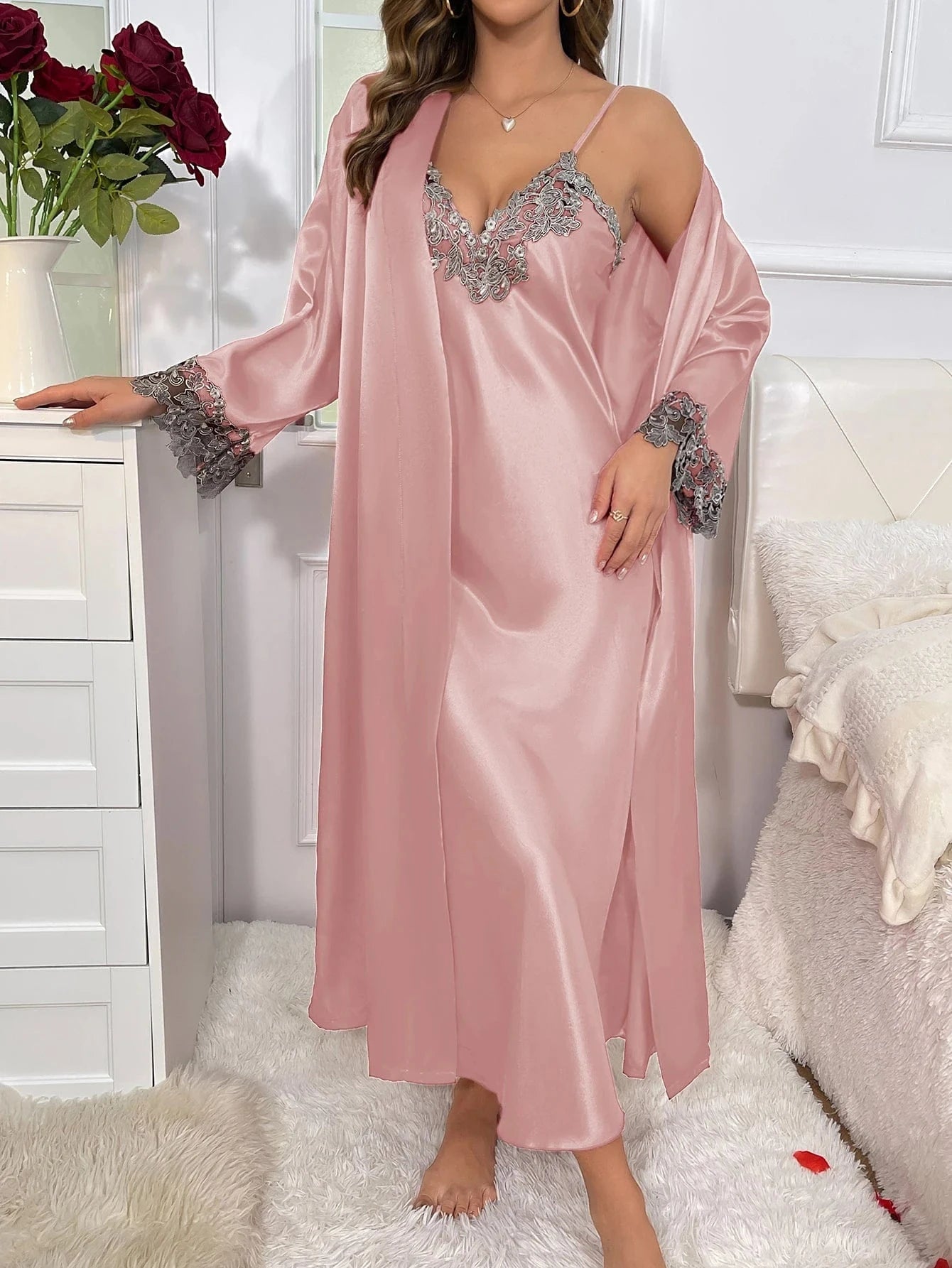 Luxe ochtendjas satijn Pink / XL
