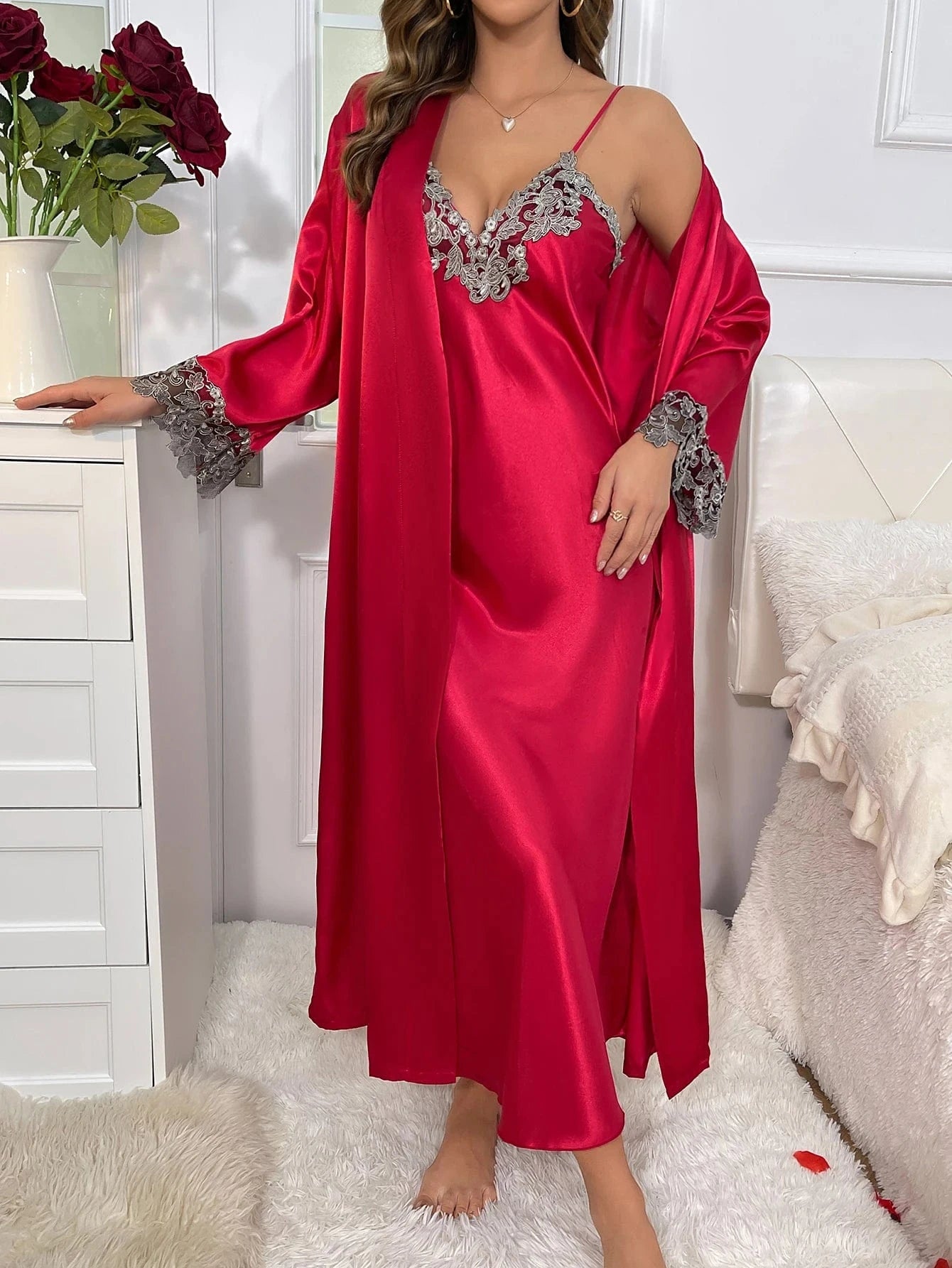 Luxe ochtendjas satijn Red / XL