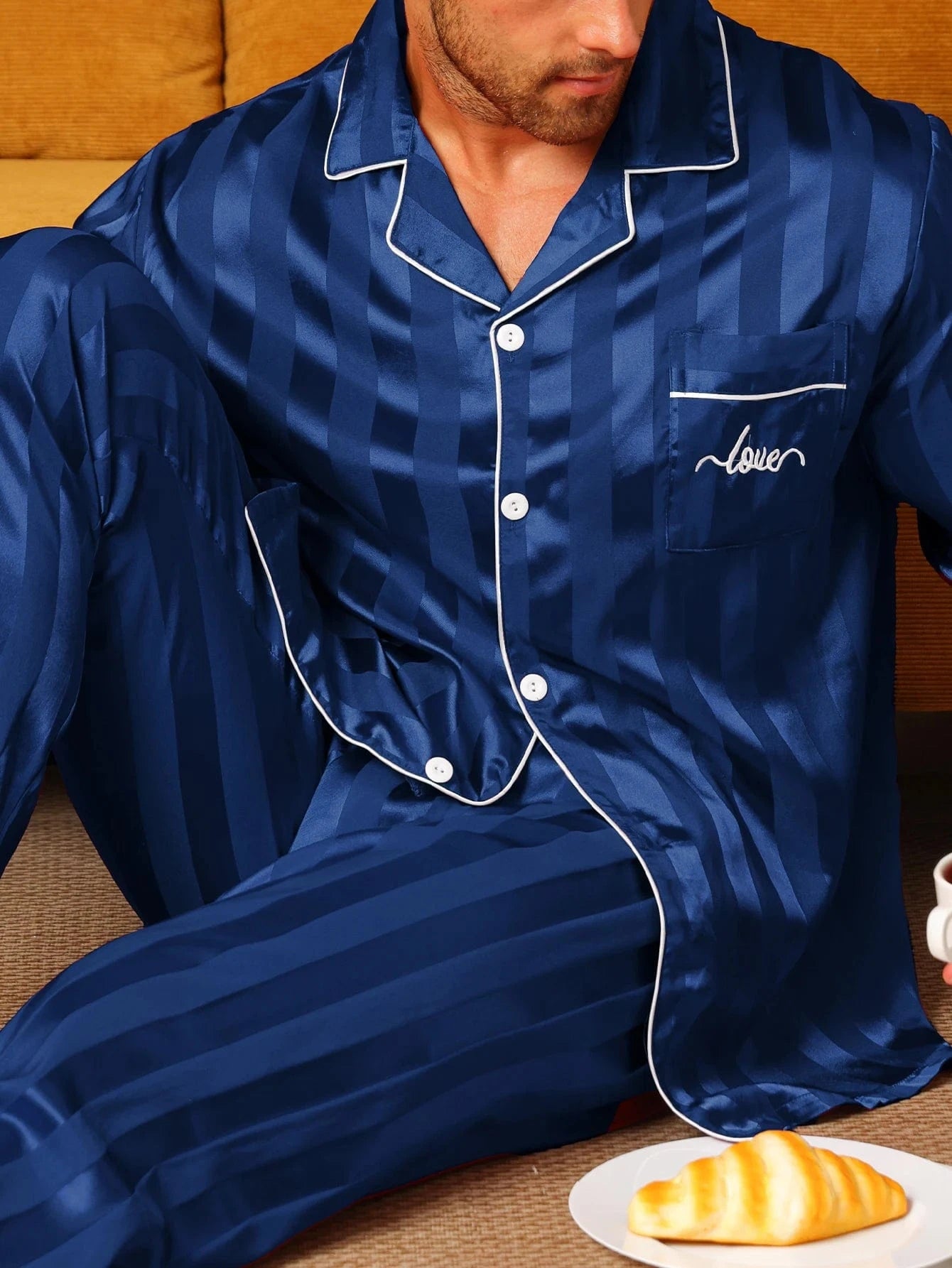 Mannen pyjama satijn Marineblauw / M