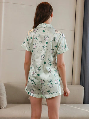 Mintgroene satijnen shortama met panda