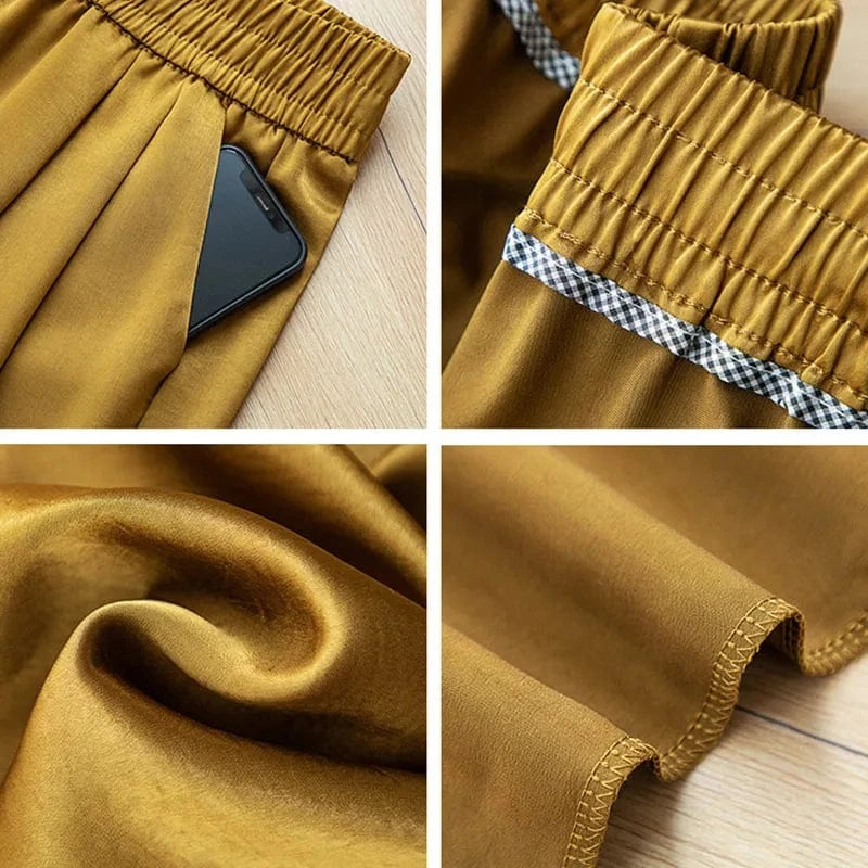 Mosterd gele satijnen broek