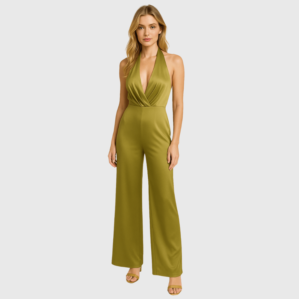 Olijfgroene satijnen jumpsuit