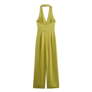 Olijfgroene satijnen jumpsuit