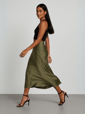 Olijfgroene satijnen rok