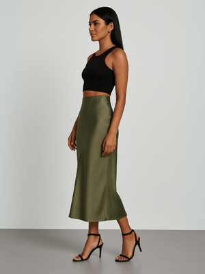 Olijfgroene satijnen rok
