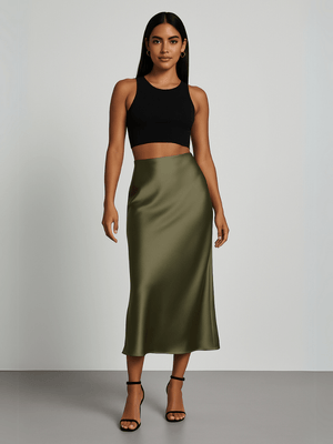 Olijfgroene satijnen rok