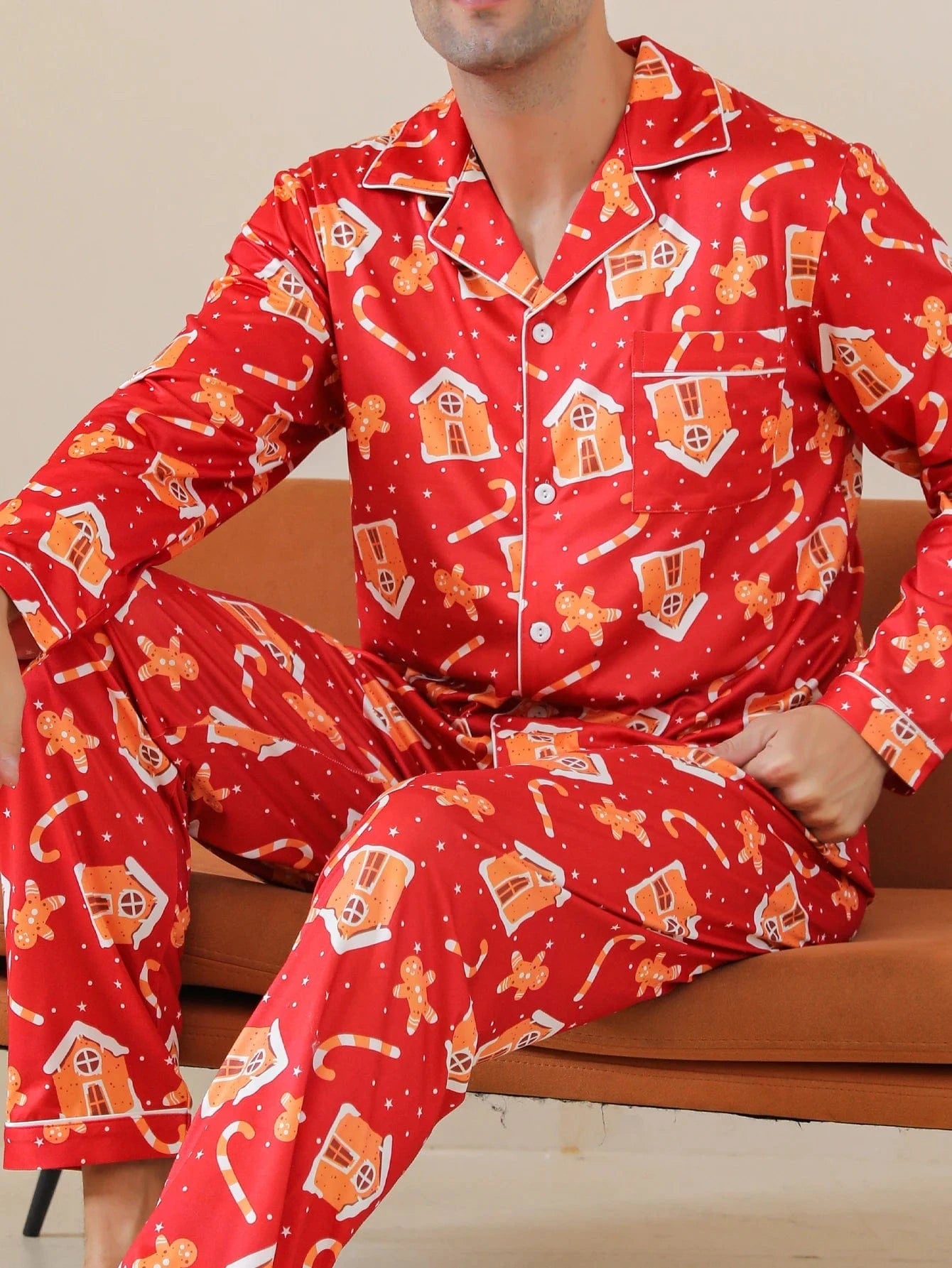 Rode kerstpyjama heren met peperkoek print Rood / M
