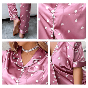 Roze satijnen pyjama dames met hartjesprint