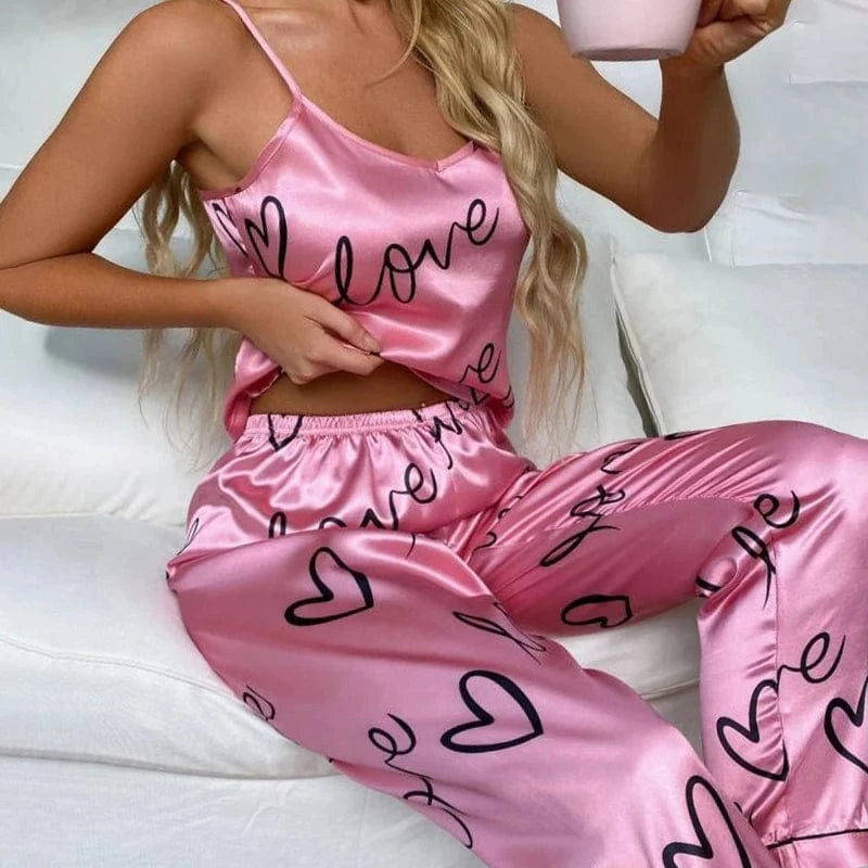 Roze satijnen pyjama set Rozerood / S
