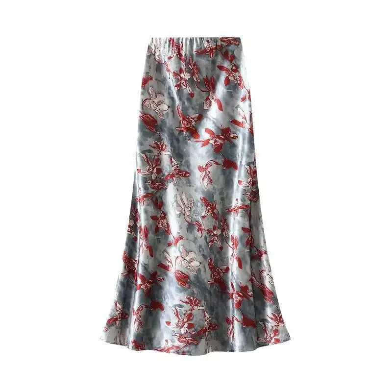 Satijn rok met bloemenprint Zilver Rood / M