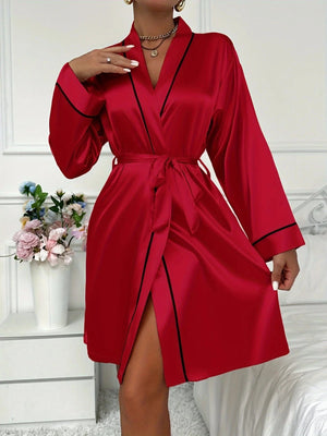 Satijnen badjas met lange mouwen Rood / S