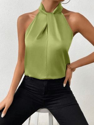 Satijnen halter top S / Olijfgroen