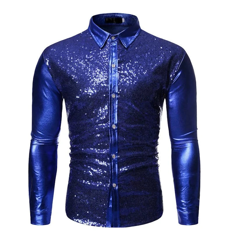 Satijnen overhemd met all-over pailletten Blue / S
