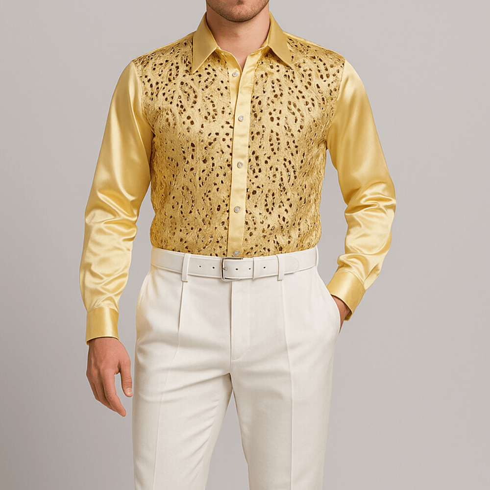 Satijnen overhemd met laser-cut paillettenoverlay