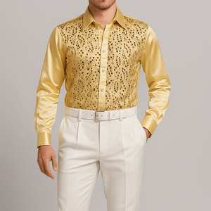 Satijnen overhemd met laser-cut paillettenoverlay