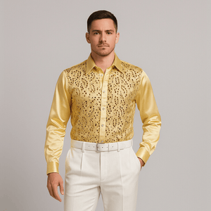 Satijnen overhemd met laser-cut paillettenoverlay