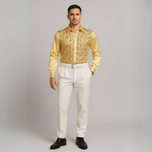 Satijnen overhemd met laser-cut paillettenoverlay