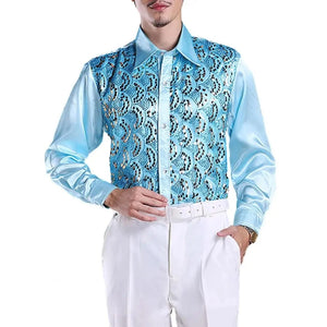 Satijnen overhemd met laser-cut paillettenoverlay Hemelsblauw / S