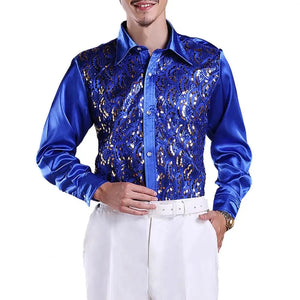 Satijnen overhemd met laser-cut paillettenoverlay Koningsblauw / S