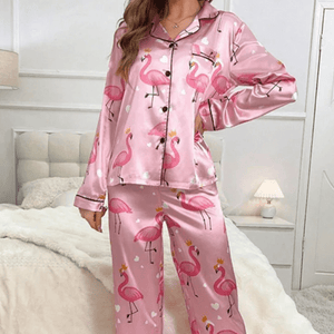 Satijnen pyjama dames met flamingoprint