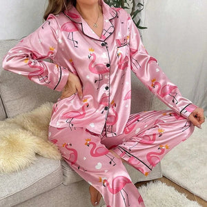Satijnen pyjama dames met flamingoprint