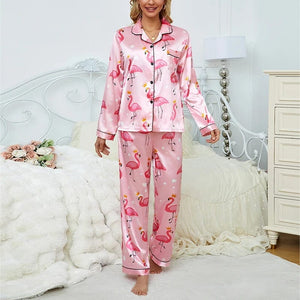 Satijnen pyjama dames met flamingoprint
