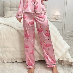 Satijnen pyjama dames met flamingoprint