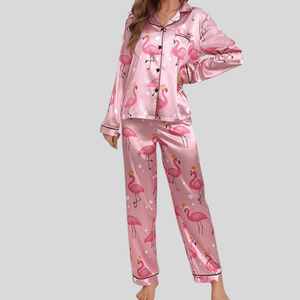 Satijnen pyjama dames met flamingoprint