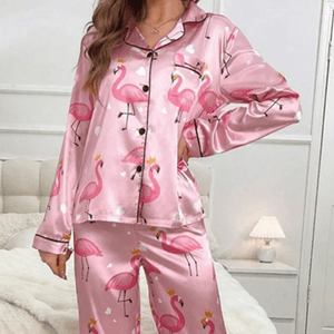 Satijnen pyjama dames met flamingoprint