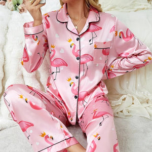 Satijnen pyjama dames met flamingoprint