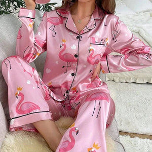 Satijnen pyjama dames met flamingoprint Roze / S